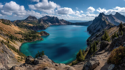 Stunning Volcanic Crater Lake with Turquoise Water and Mountain Surroundings