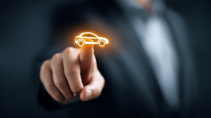 A person pointing at a glowing car icon with a dark background in a modern digital interface