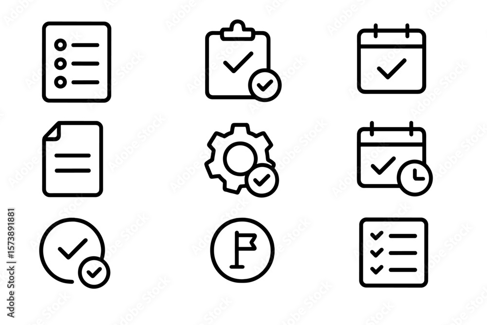 Poster simple black line icons set for tasks and organization on dark background