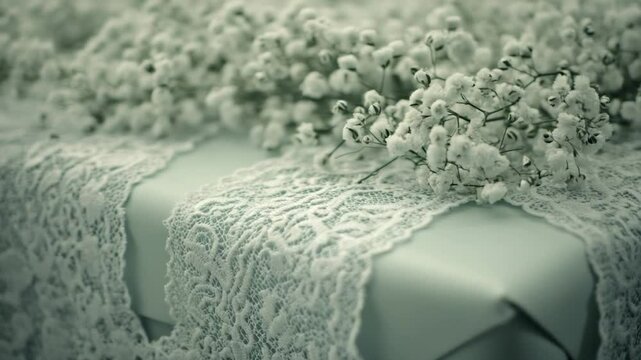 Delicate white lace and flowers on a light teal gift box