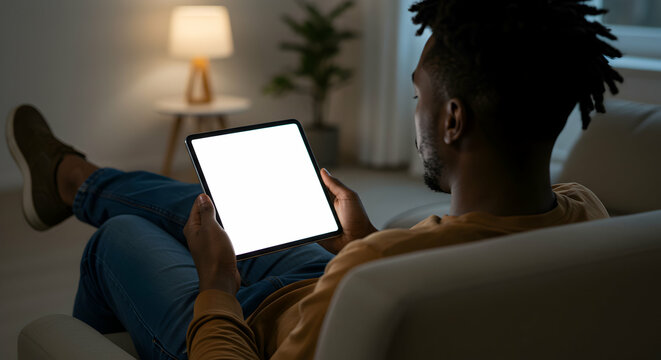 Relaxing Evening Man Using Tablet Blank Screen Mockup Cozy Home - Powered by Adobe