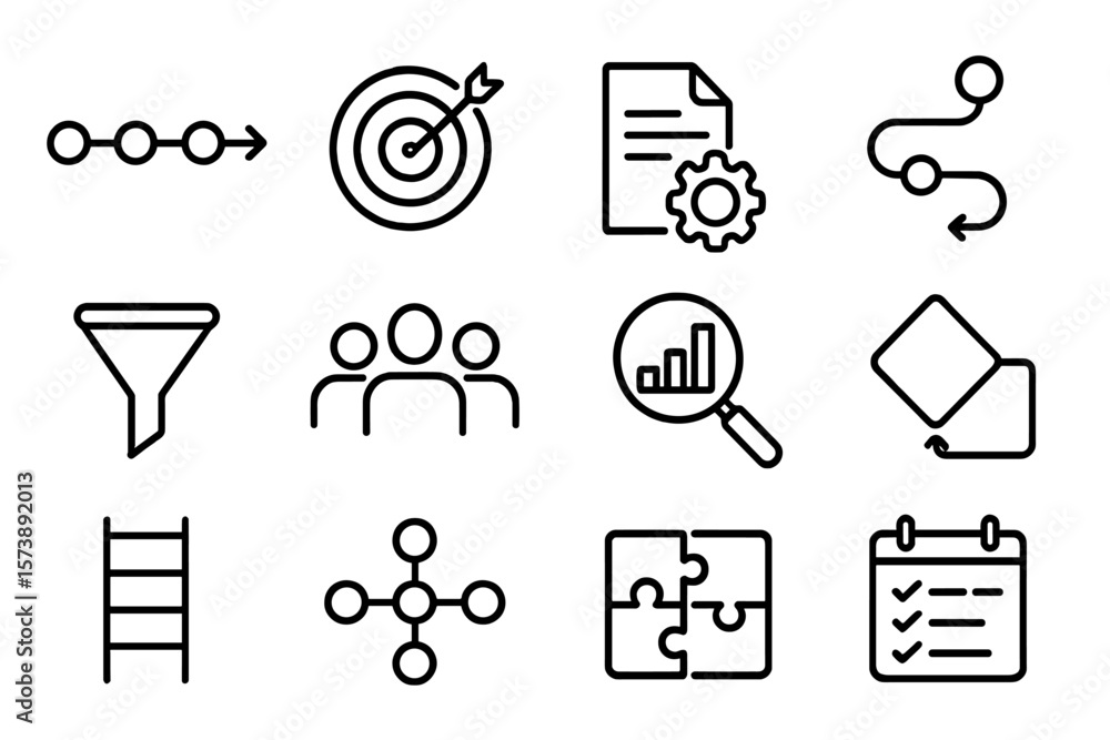 Poster business icons set: linear style for workflow and strategy visualization