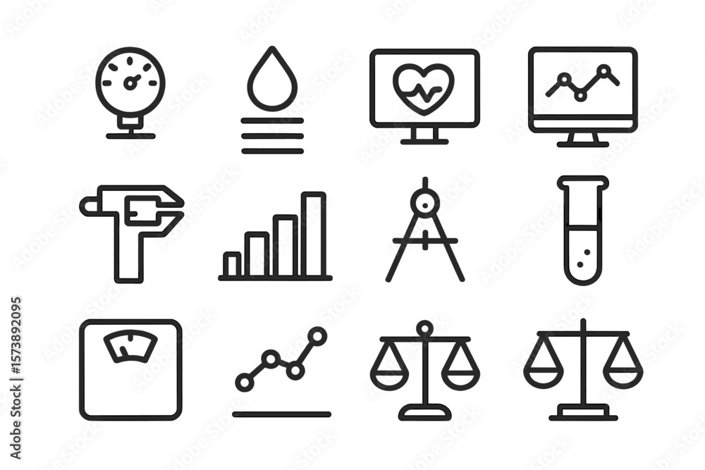 Poster minimalist black icon set for science and health tools on gradient background