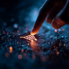 Finger touching glowing shopping cart icon on dark futuristic circuit board background design concept