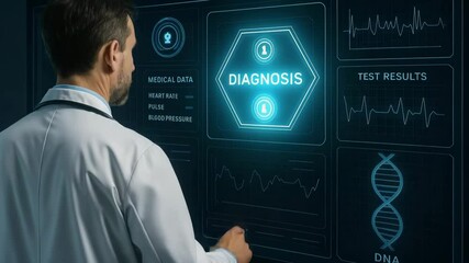 A doctor interacts with a futuristic digital interface displaying medical data - Powered by Adobe