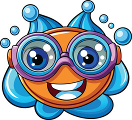  Kawaii swimming goggles with blushing cheeks and water droplets, cartoon sport vector on white background