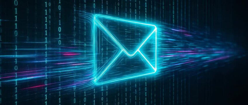 A glowing neon envelope symbolizing digital communication, set against a backdrop of binary code. The image conveys the concept of email and modern information exchange.