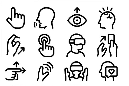 Interactive touch and gesture icons in minimalist style on black background