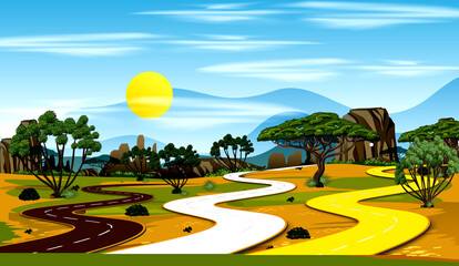 Cartoon landscape with apple trees, a small house with red roof, wooden bench, and pond. Bright, colorful, and child-friendly.