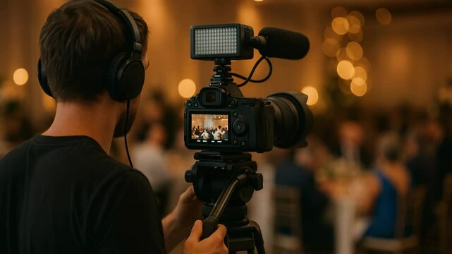 A photographer captures a live event using a professional camera setup, including audio equipment