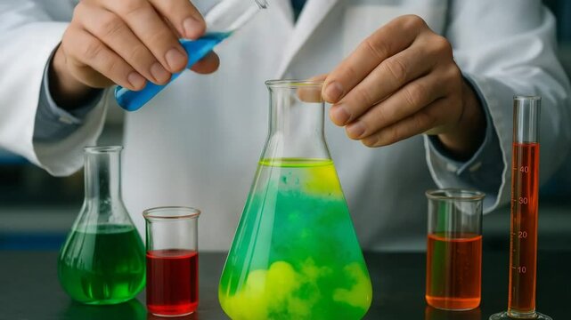 A scientist conducts an experiment using colorful chemical compounds in various laboratory glassware. Vivid colors mix, showcasing the dynamic world of chemistry and discovery.