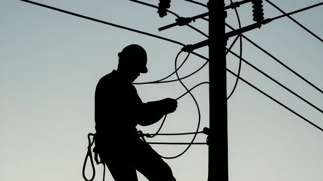 A silhouette of a skilled worker climbing a pole, performing electrical maintenance in the evening. This image captures dedication and safety in the electrical industry.