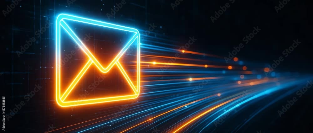 Poster a vibrant digital representation of an email icon, surrounded by dynamic light trails. this image co
