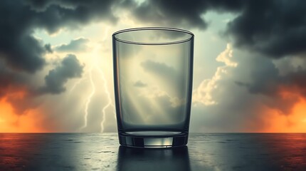 Empty glass with dramatic sky backdrop featuring storm clouds and lightning