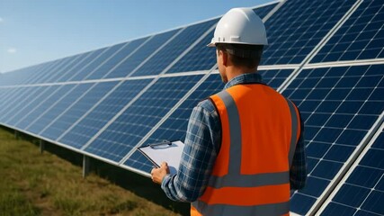 A solar energy technician inspects solar panels in a renewable energy field, emphasizing sustainable technology and clean energy solutions for a better future.