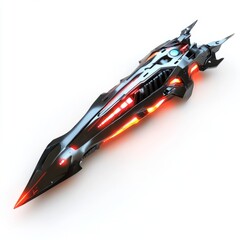 Futuristic spaceship design concept art illustration of a sleek black and red spacecraft model
