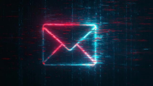 A vibrant digital illustration of an email icon, glowing in neon colors against a dark, abstract background. Perfect for representing modern communication and digital connectivity.