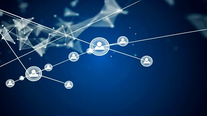 Abstract digital network animation with user icons and connected dots on blue background - Powered by Adobe