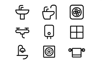 Minimalist bathroom icons set: plumbing and fixtures collection