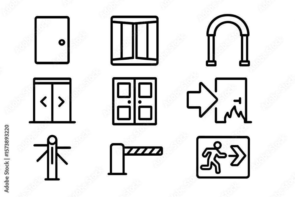 Poster Minimalistic door and entrance icons set for navigation and wayfinding designs