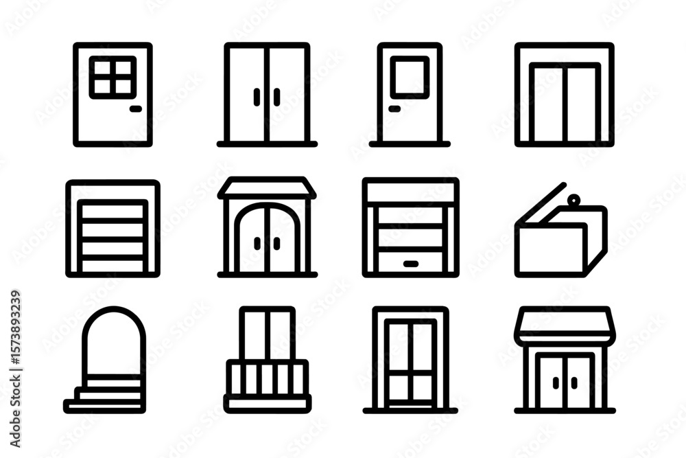Poster minimalist linear icons of various door and window designs on dark background
