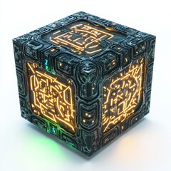Glowing cube technology box with intricate design digital art sci fi render for product visualization concept