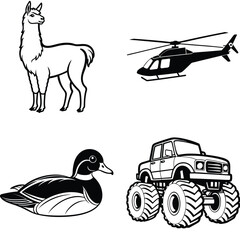 Vector art of a llama, a helicopter, a duck, and a monster truck are isolated on white background in this black and white drawing