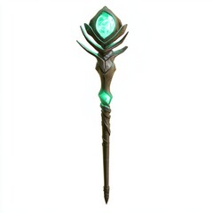 Magic staff with glowing green crystal fantasy mage wizard rpg game item isolated on white background