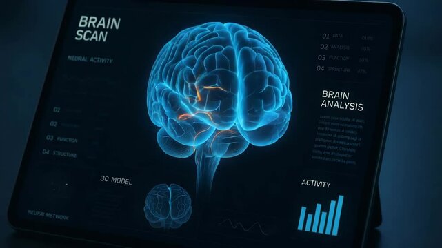 An advanced brain scan visualization displayed on a tablet, showcasing intricate neural pathways and activity levels, highlighting the intersection of technology and neuroscience.