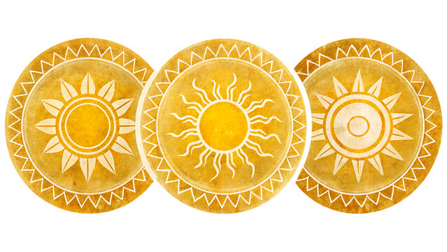 Photo of three stylized sun symbols with intricate geometric patterns and textured golden backgrounds, presented together isolated on transparent background