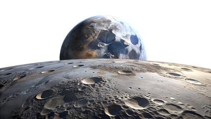 Photo of a detailed view of the moons cratered surface with a planet rising behind it, isolated on...