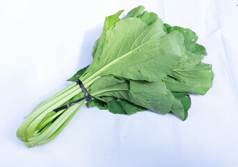Fresh green mustard greens on a white background.