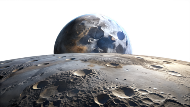 Photo of a detailed view of the moons cratered surface with a planet rising behind it, isolated on white isolated on transparent background