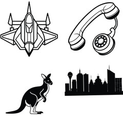 Vector art of a black and white illustration shows a jet, a telephone, a kangaroo, and a city skyline