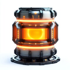 Futuristic energy core reactor cylinder technology power source glowing orange light sci fi container isolated
