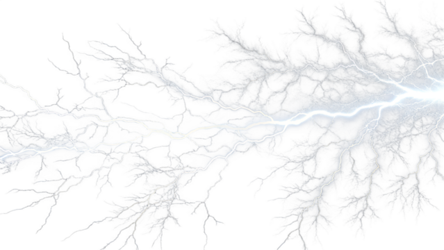 Photo of a powerful lightning bolt branches out like a tree, illuminating the transparent background with its electric energy