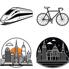 Vector art of a dynamic vector illustration features a train, bicycle, and cityscape, symbolizing modern transportation and urban life