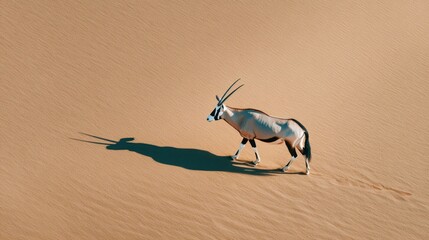 A solitary oryx walking across a sandy landscape, casting a long shadow in the sunlight.