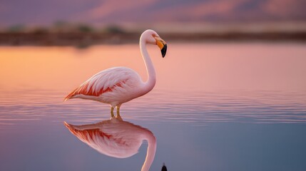 Fototapeta premium A serene flamingo stands gracefully in tranquil waters, reflecting the colorful sky during sunset.