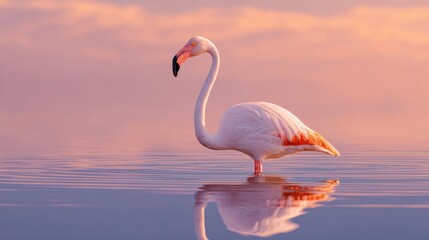 Fototapeta premium A graceful flamingo stands in calm waters during a serene sunset, reflecting vibrant colors in a tranquil setting.