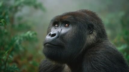 Obraz premium A thoughtful gorilla gazes into the distance, surrounded by lush greenery in a misty environment.