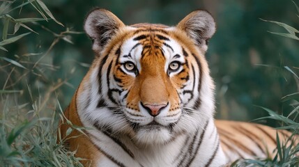 Fototapeta premium Majestic tiger resting in lush greenery, showcasing its striking features and piercing gaze.