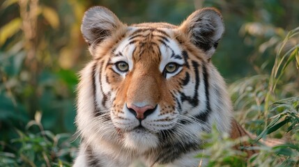 Obraz premium Majestic tiger gazing through foliage, showcasing its striking features and intense gaze in a natural habitat.