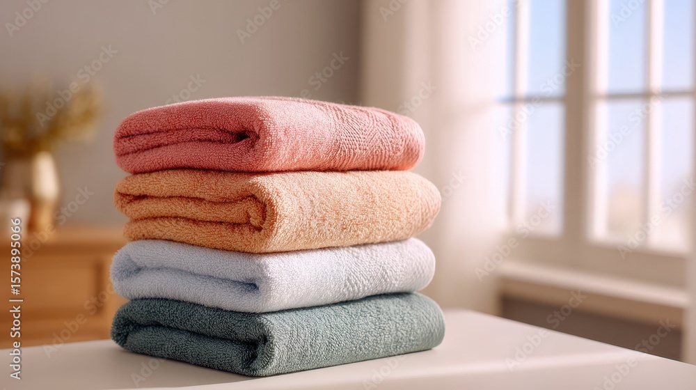 Poster Soft, neatly stacked blankets in various colors, placed on a table near a bright window, creating a cozy atmosphere.