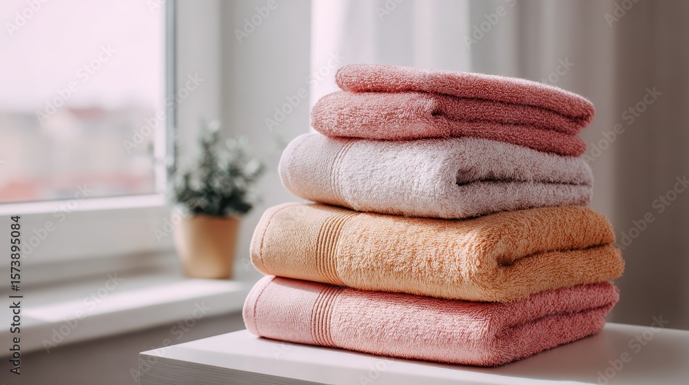 Poster soft stack of patterned towels beside a window, creating a cozy atmosphere with a small plant in a p