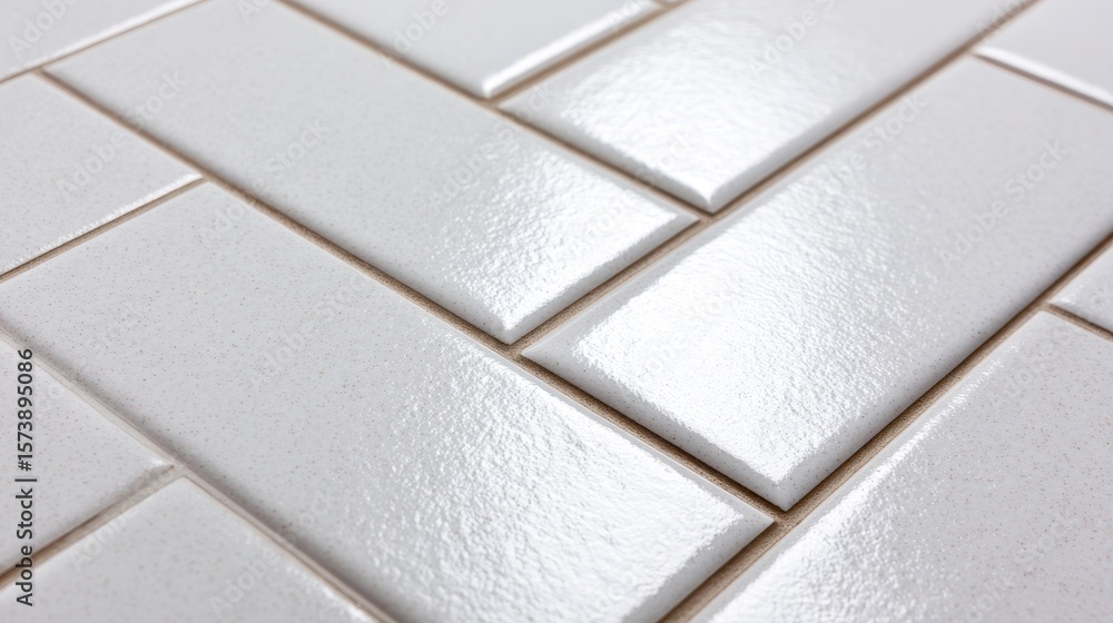 Poster textured white tiles arranged in a herringbone pattern, showcasing a glossy finish and modern design