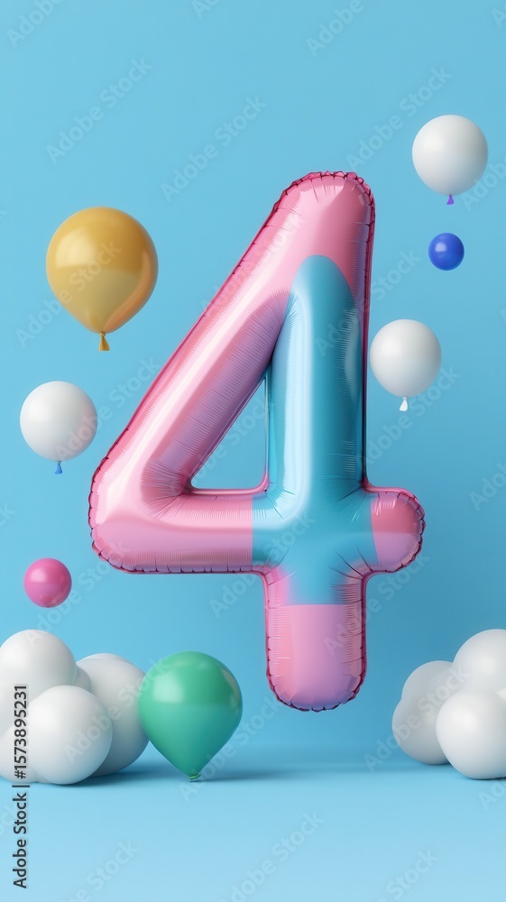 Poster festive number four floating among colorful balloons, soft backdrop hovering against bright blue clo