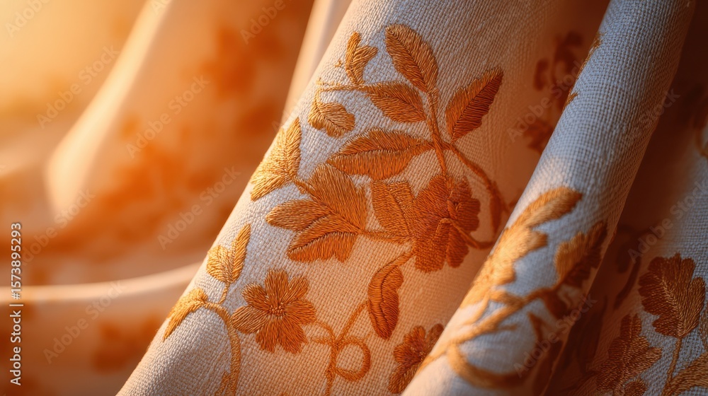 Aufkleber elegant fabric draping with intricate floral patterns and warm lighting, creating a luxurious and in
