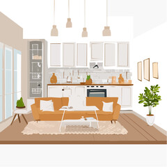 Fototapeta premium Cozy Living Room and Kitchen Interior Design in Warm Earth Tones