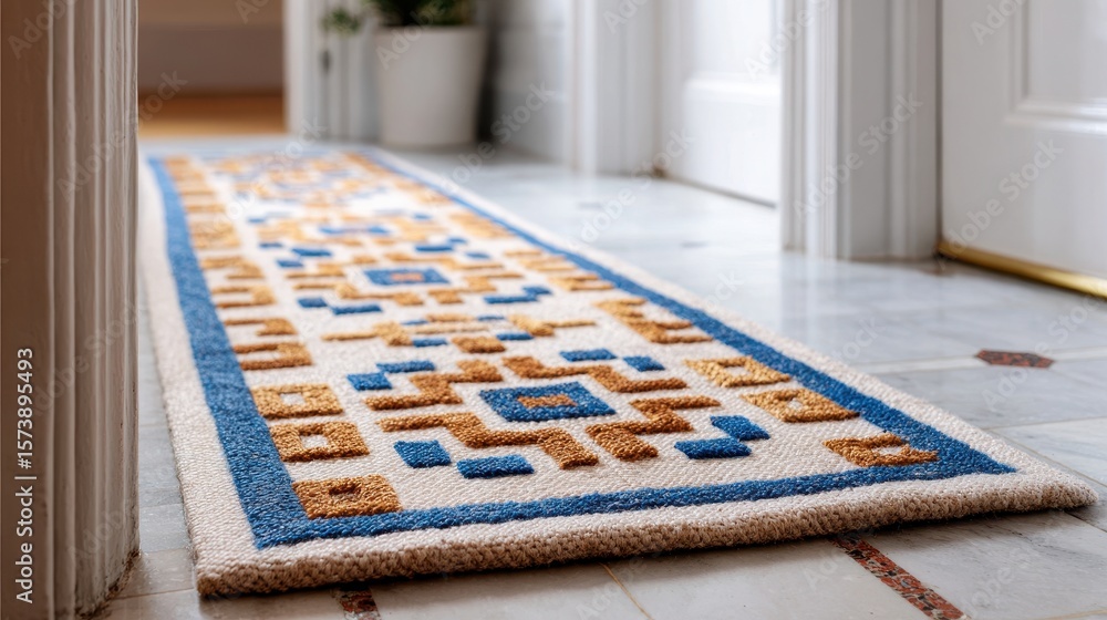 Poster a plush area rug with a geometric pattern lies on a tiled floor, creating a warm and inviting atmosp